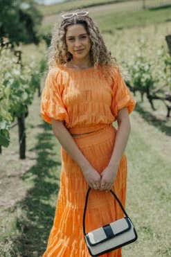 Matilda Tangerine Shirred Cotton Bubble SS Crop Top