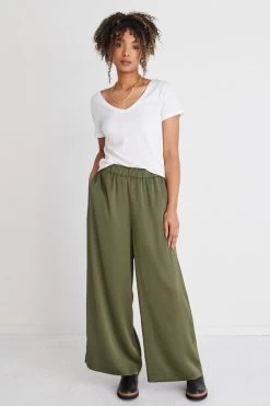 Luxury Khaki Satin Wide Leg Pants