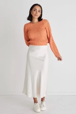 Carly Apricot Shirred LS Crop Top 8 Carly Apricot Shirred LS Crop Top -Fashion Clothing Store Carlytoporange ivyskirtchampange3