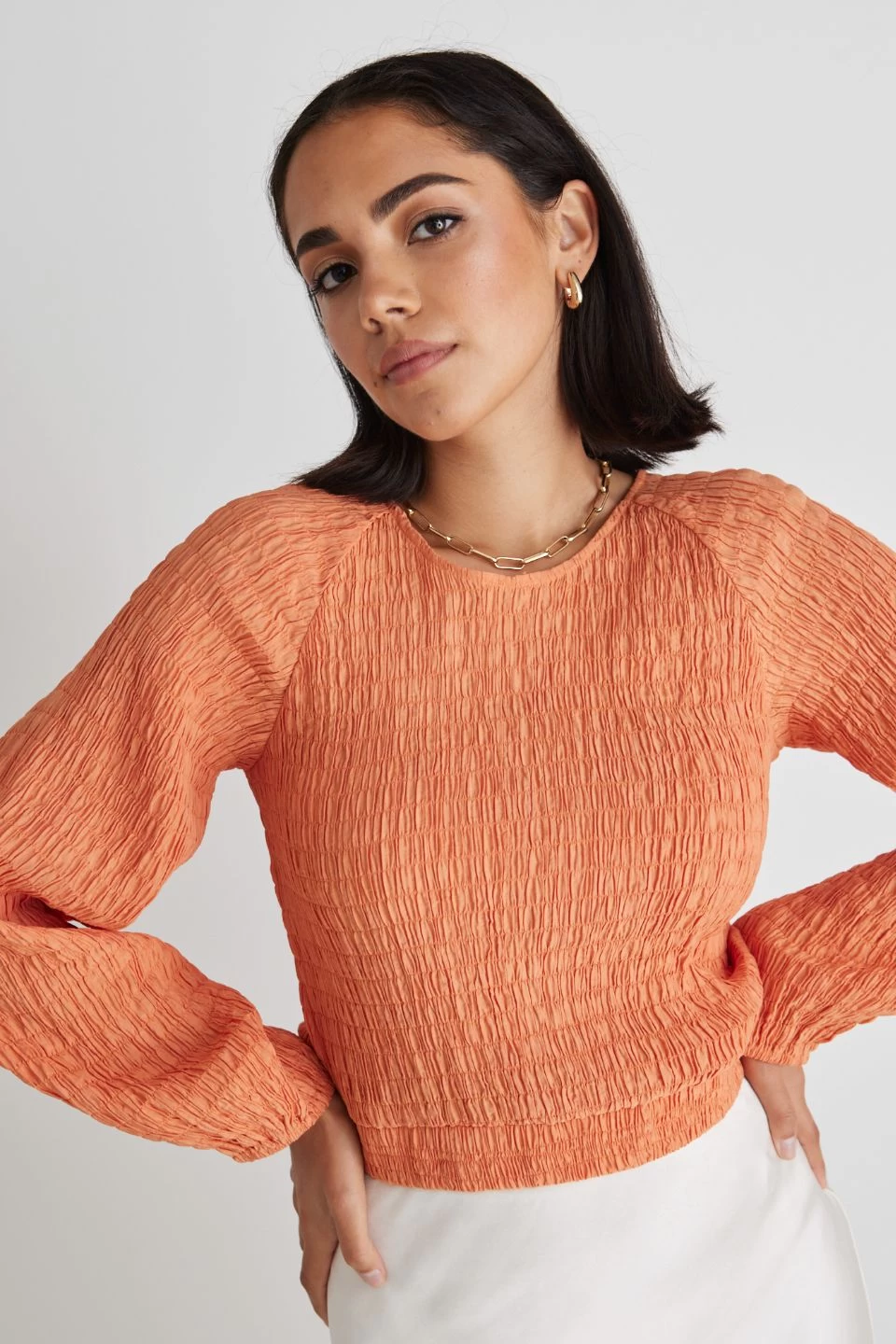 Carly Apricot Shirred LS Crop Top 3 Carly Apricot Shirred LS Crop Top