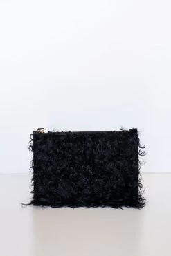 Cleo Black Shearling Small Wristlet Bag