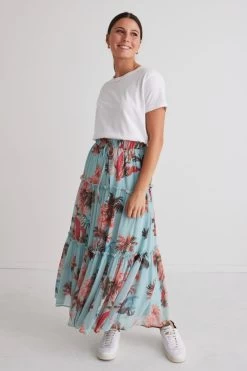Zoe Blue Palms Elastic Waist Tiered Midi Skirt