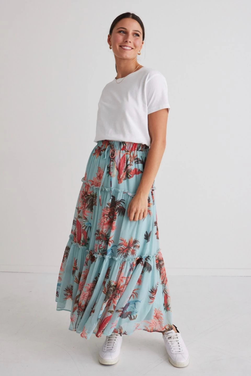 Zoe Blue Palms Elastic Waist Tiered Midi Skirt 3 Zoe Blue Palms Elastic Waist Tiered Midi Skirt