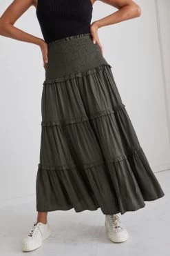 Soaring High Dark Khaki Satin Shirred Waist Tiered Midi Skirt -Fashion Clothing Store DE168839 8000 4439 8EA6 30E322DF919F 1 105 c