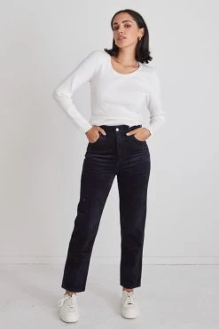 Nelly Navy Cord High Waist Slim Leg Pant