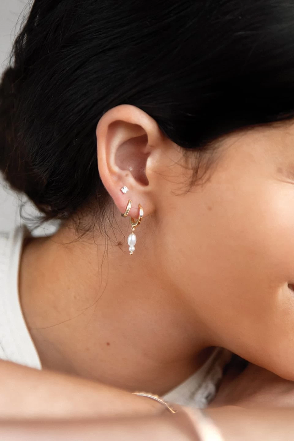 Double Pearl 18k Gold Plated Huggie Earrings 4 Double Pearl 18k Gold Plated Huggie Earrings - Image 2