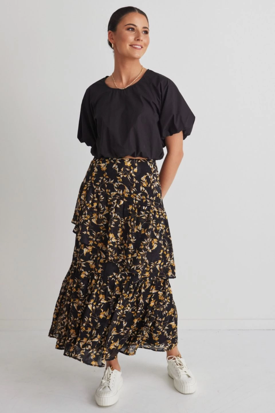 Amelia Gold Floral Asymetrical Tiered Skirt 3 Amelia Gold Floral Asymetrical Tiered Skirt