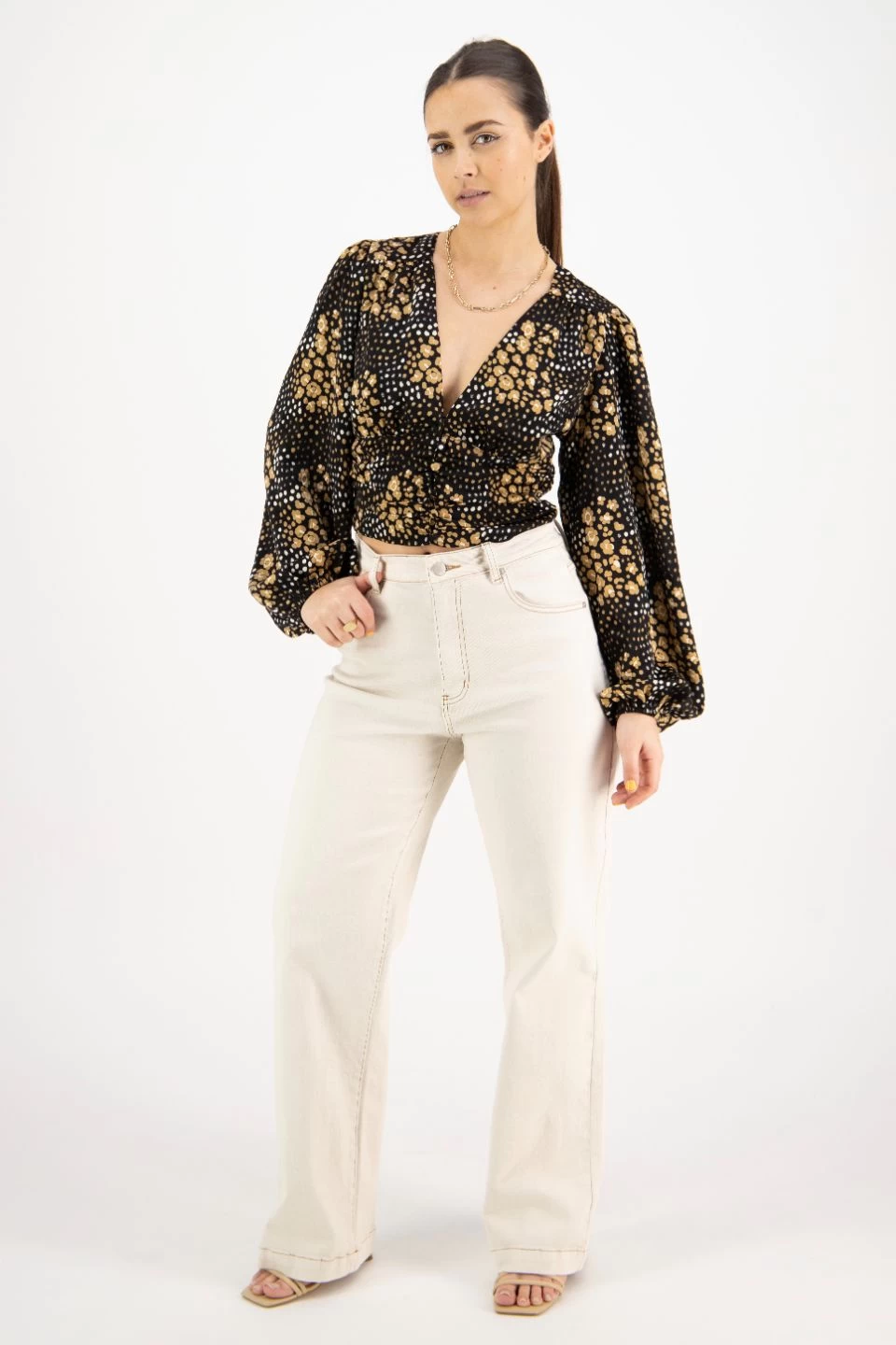 Reign Gold Spot LS Balloon Sleeve Plunge Button Front Crop Top 4 Reign Gold Spot LS Balloon Sleeve Plunge Button Front Crop Top - Image 2
