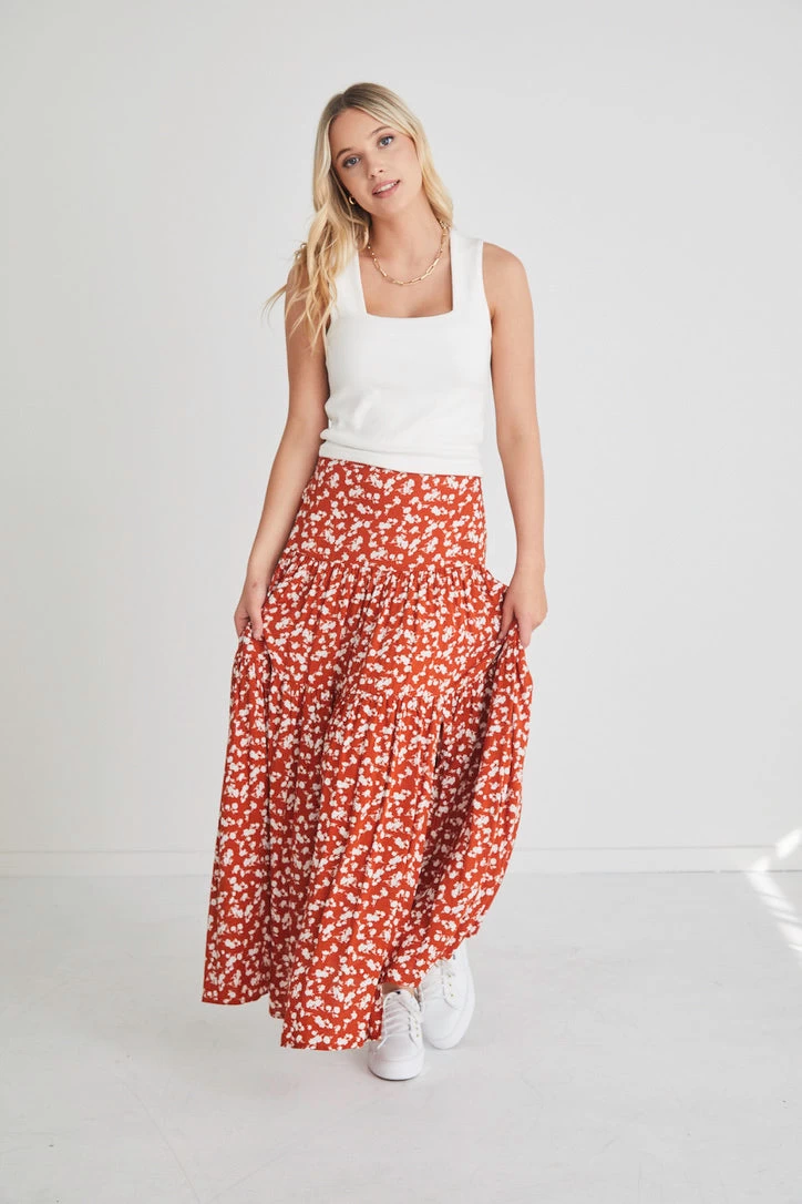 Playful Copper Ditsy Elastic Back Tiered Maxi Skirt 7 Playful Copper Ditsy Elastic Back Tiered Maxi Skirt - Image 5