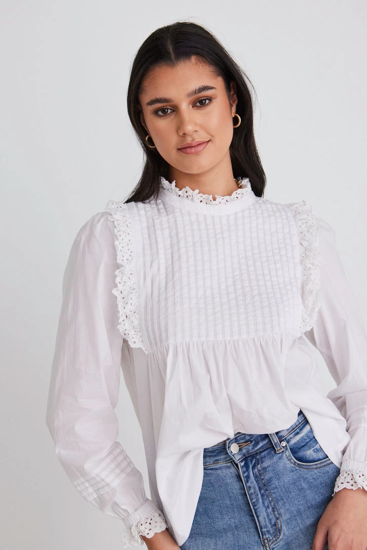 Opal White Voile Pleat Bodice High Neck Ls Top 6 Opal White Voile Pleat Bodice High Neck Ls Top - Image 4
