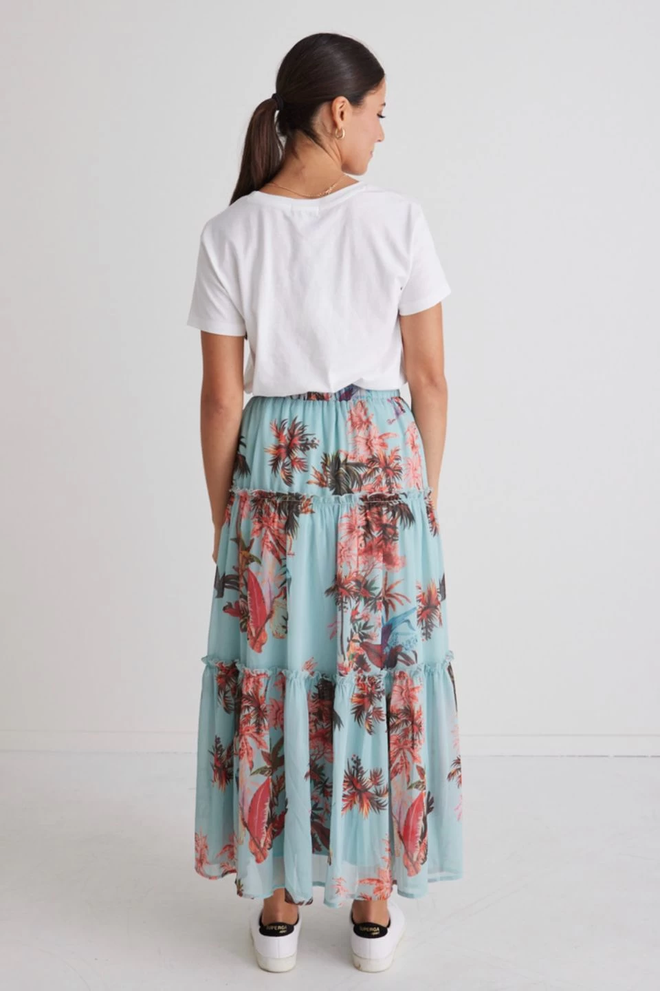 Zoe Blue Palms Elastic Waist Tiered Midi Skirt 6 Zoe Blue Palms Elastic Waist Tiered Midi Skirt - Image 4