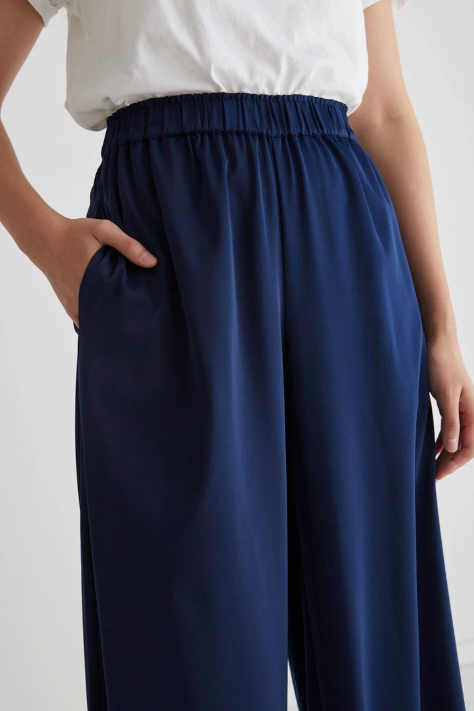 Luxury Navy Satin Wide Leg Elastic Waist Pant 4 Luxury Navy Satin Wide Leg Elastic Waist Pant - Image 2