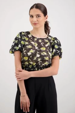 Sofia Black Floral Bubble SS Shirred Hem Top -Fashion Clothing Store F22328F4 F403 451F A4A3 224AD7F886E7 1 201 a