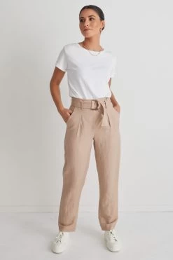 Journey Mocha Linen Belted Pleat Front Tapered Leg Pant