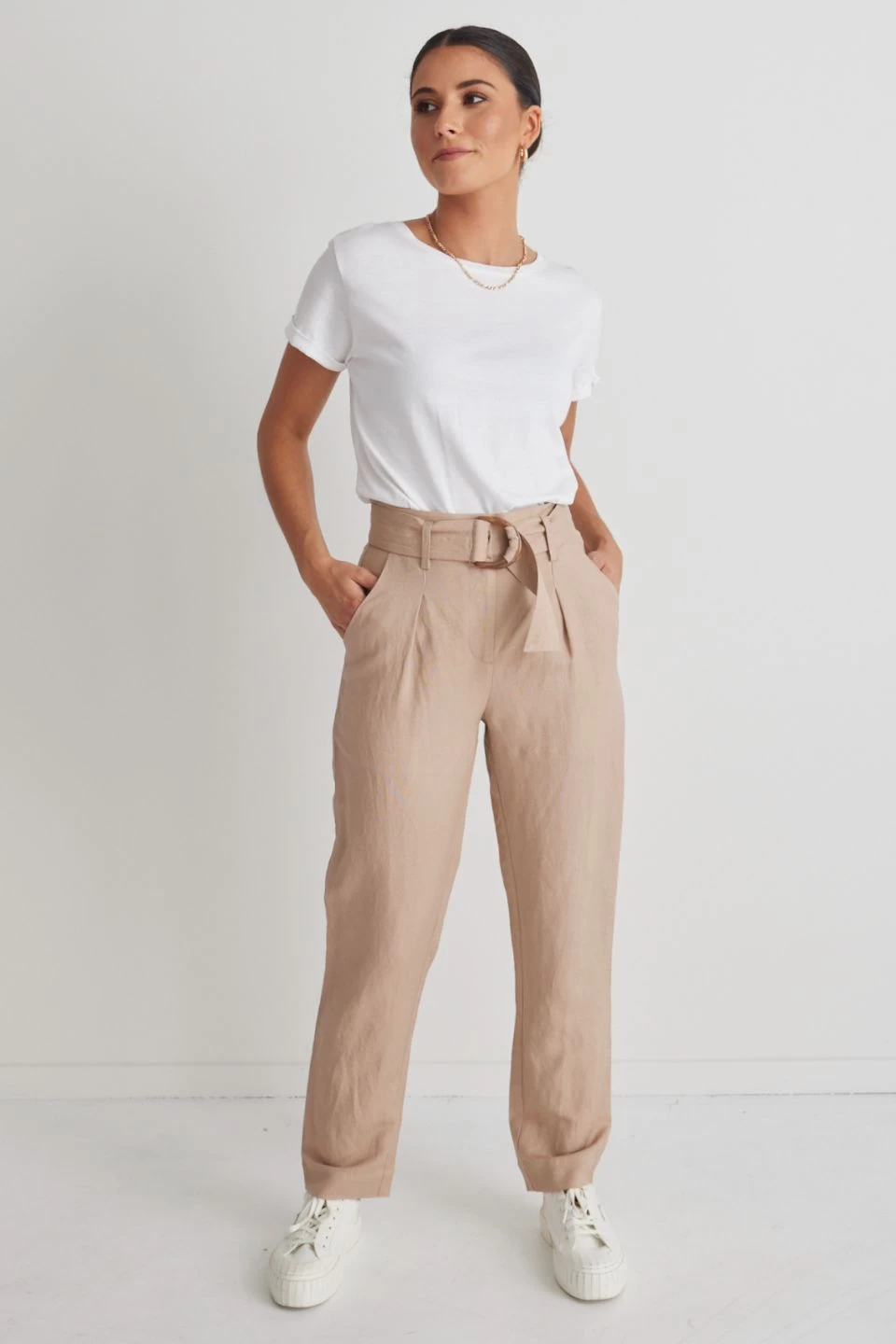 Journey Mocha Linen Belted Pleat Front Tapered Leg Pant 3 Journey Mocha Linen Belted Pleat Front Tapered Leg Pant