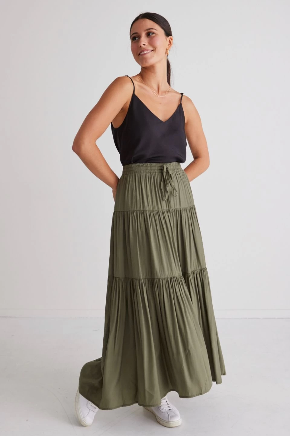 Sensational Moss Satin Tiered Drawstring Maxi Skirt 5 Sensational Moss Satin Tiered Drawstring Maxi Skirt - Image 3