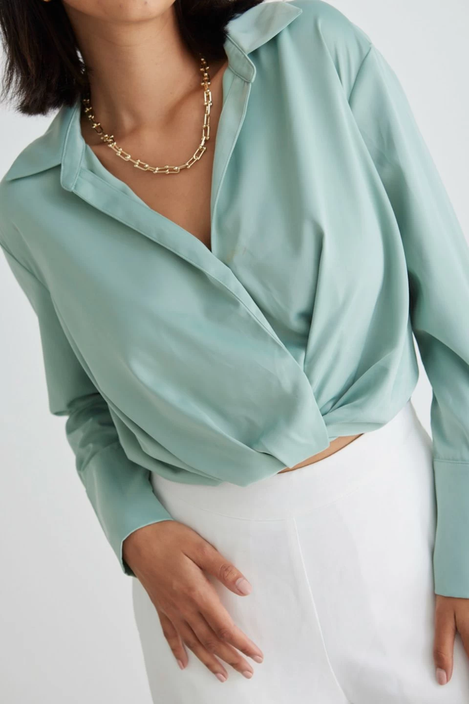 Amalfi Sage Satin Wrap Shirt 7 Amalfi Sage Satin Wrap Shirt - Image 5