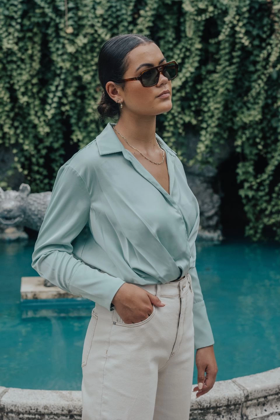 Amalfi Sage Satin Wrap Shirt 5 Amalfi Sage Satin Wrap Shirt - Image 3