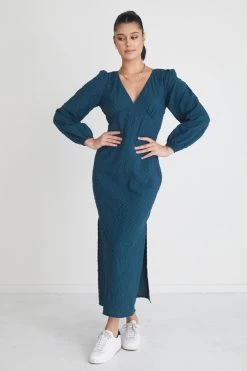 Phoenix Ocean Gingham LS Bias Midi Dress