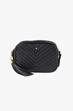 Gracie Black Chevron Quilt Vegan Leather Gold Hardware Crossbody Bag