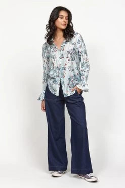 Inform Blue Floral Frill LS Blouse