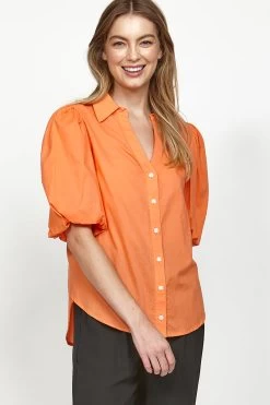 Hue Orange Puff Sleeve Button Front Shirt
