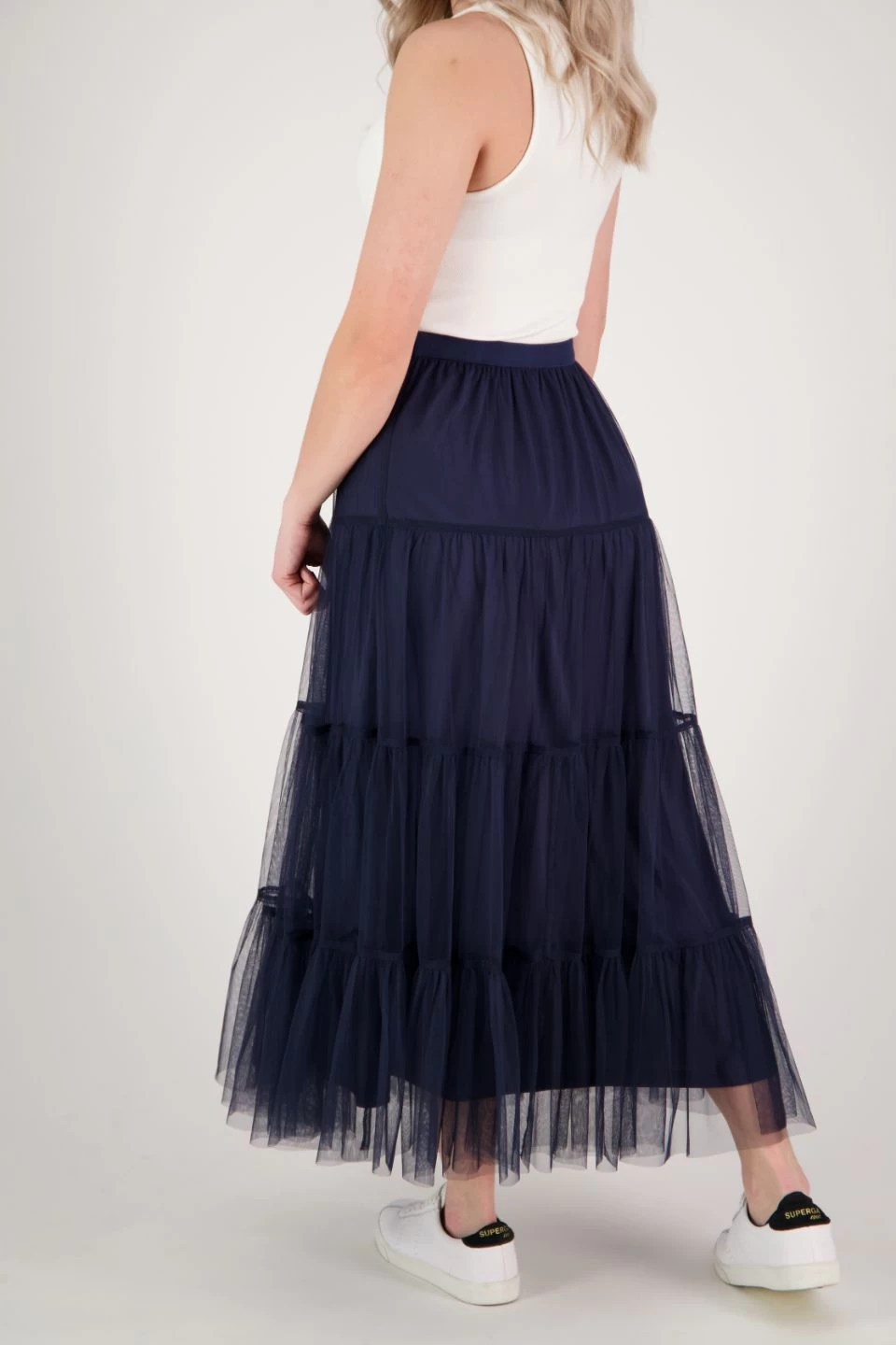 Neve Navy Tiered Tulle Midi Skirt 6 Neve Navy Tiered Tulle Midi Skirt - Image 4