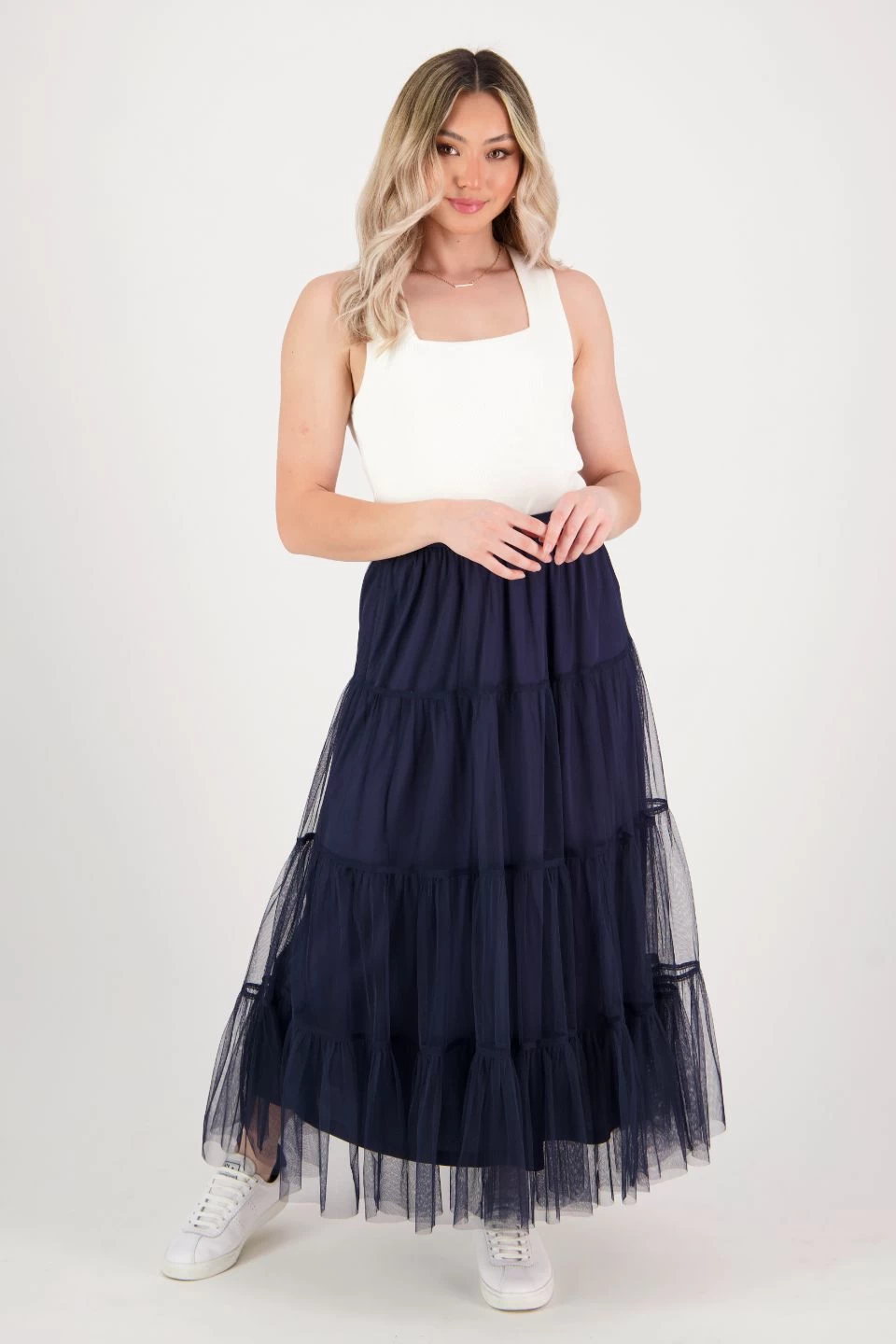 Neve Navy Tiered Tulle Midi Skirt 4 Neve Navy Tiered Tulle Midi Skirt - Image 2