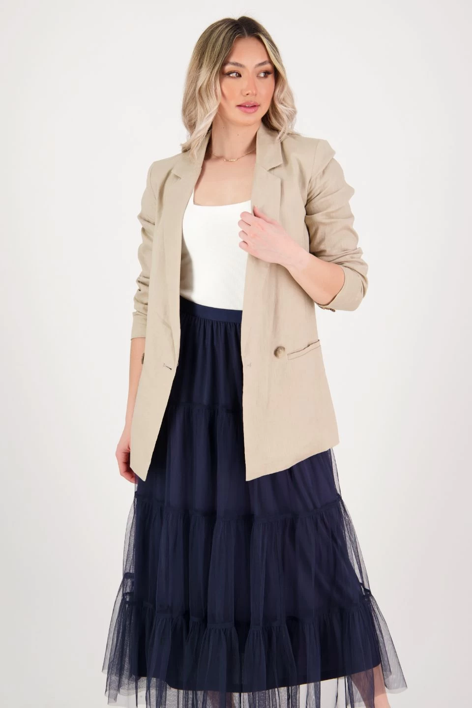 Neve Navy Tiered Tulle Midi Skirt 5 Neve Navy Tiered Tulle Midi Skirt - Image 3