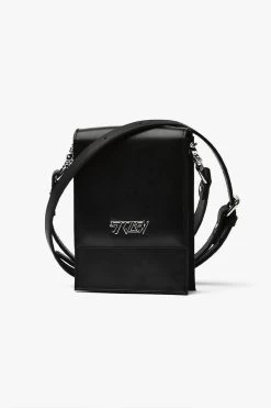 On Tour Black Leather Cross Body Phone Bag With Silver Hardware