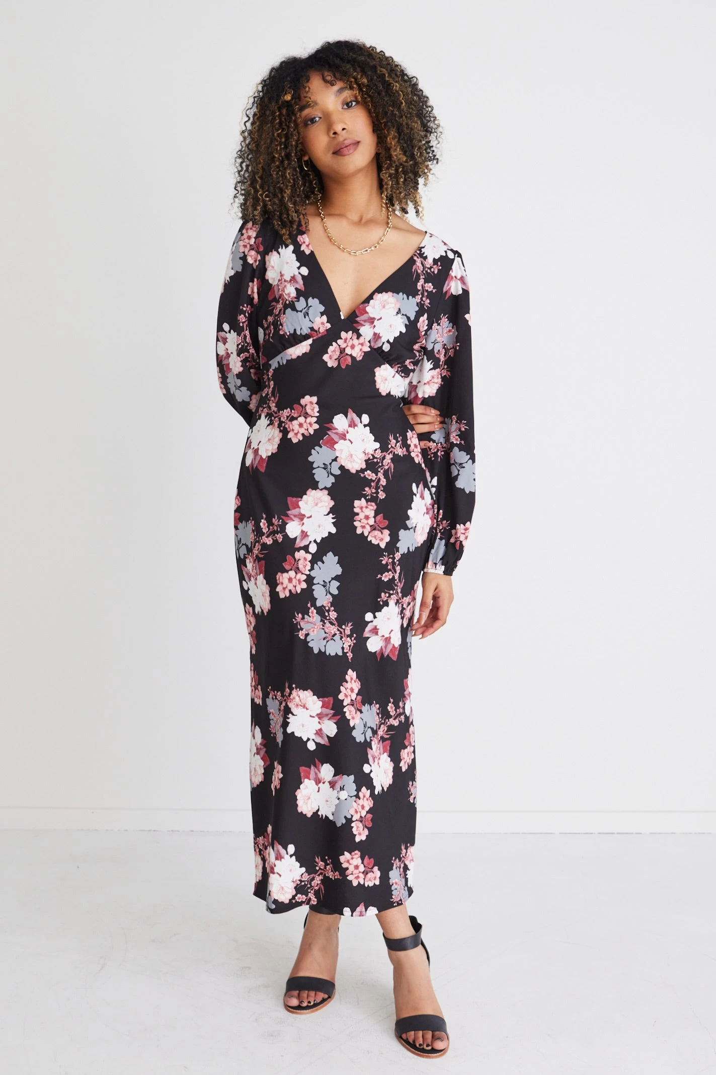 Phoenix Pink Vintage Floral Satin Ls Empire Bias Midi Dress 4 Phoenix Pink Vintage Floral Satin Ls Empire Bias Midi Dress - Image 2