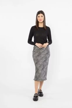 Milan Black Animal Satin Bias Midi Skirt