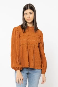 Desire Cinnamon Shirred Ls Lace Insert Top
