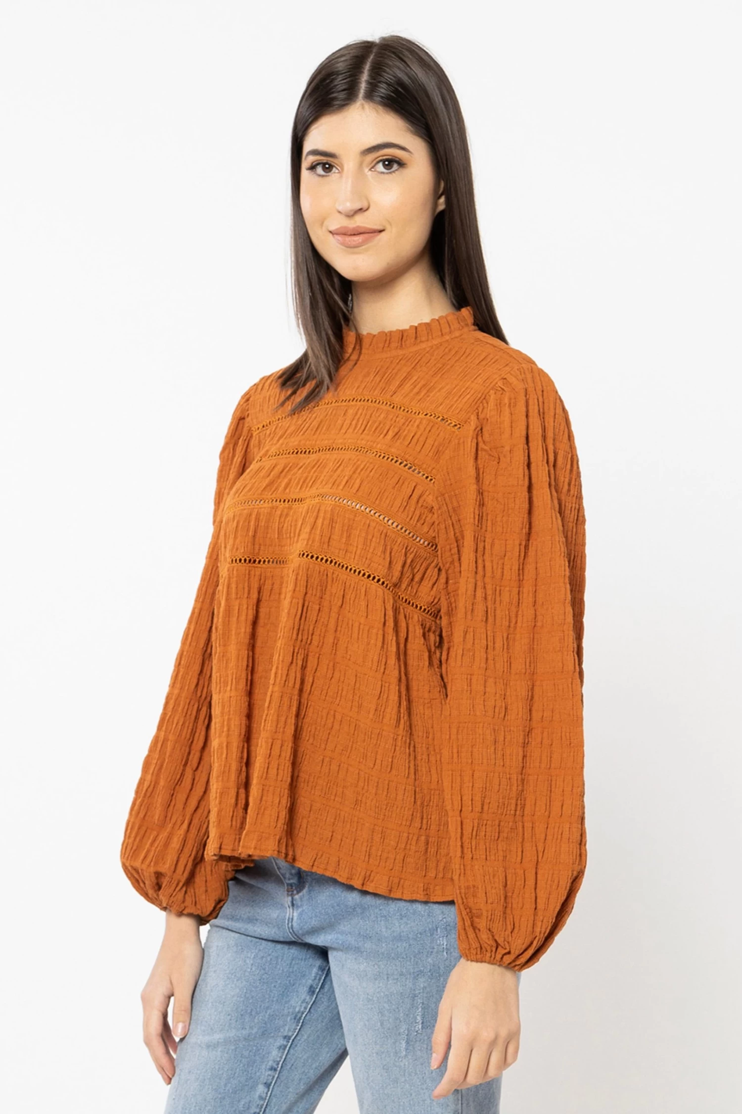 Desire Cinnamon Shirred Ls Lace Insert Top 4 Desire Cinnamon Shirred Ls Lace Insert Top - Image 2