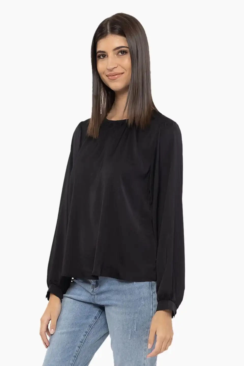 Lorenza Black Satin LS Crew Top 4 Lorenza Black Satin LS Crew Top - Image 2