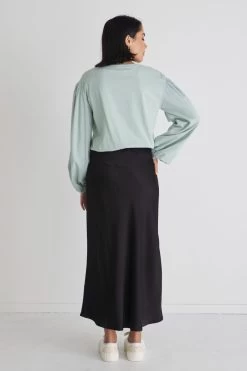 Bambi Pistachio Elastic Hem Frill Sleeve LS Top -Fashion Clothing Store bambitoppistachio ivyskirtblack10