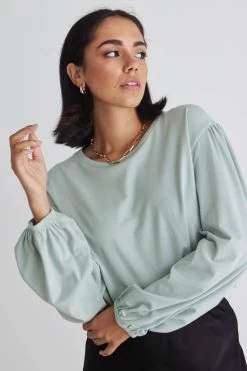 Bambi Pistachio Elastic Hem Frill Sleeve LS Top -Fashion Clothing Store bambitoppistachio ivyskirtblack6