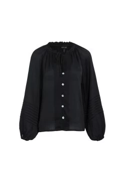 Breath Of Fresh Air Shiny Black Ls Puff Sleeve Button Front Top -Fashion Clothing Store breathoffreshairblack1