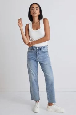 Carlie Straight Leg Distressed Raw Hem Faded Jean