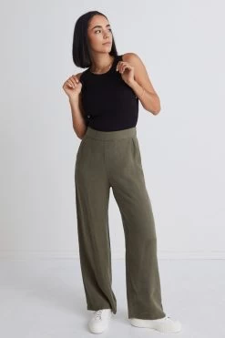 Effortless Khaki Viscose Deep Band Wide Leg Pant -Fashion Clothing Store effortlesskhakipants 1