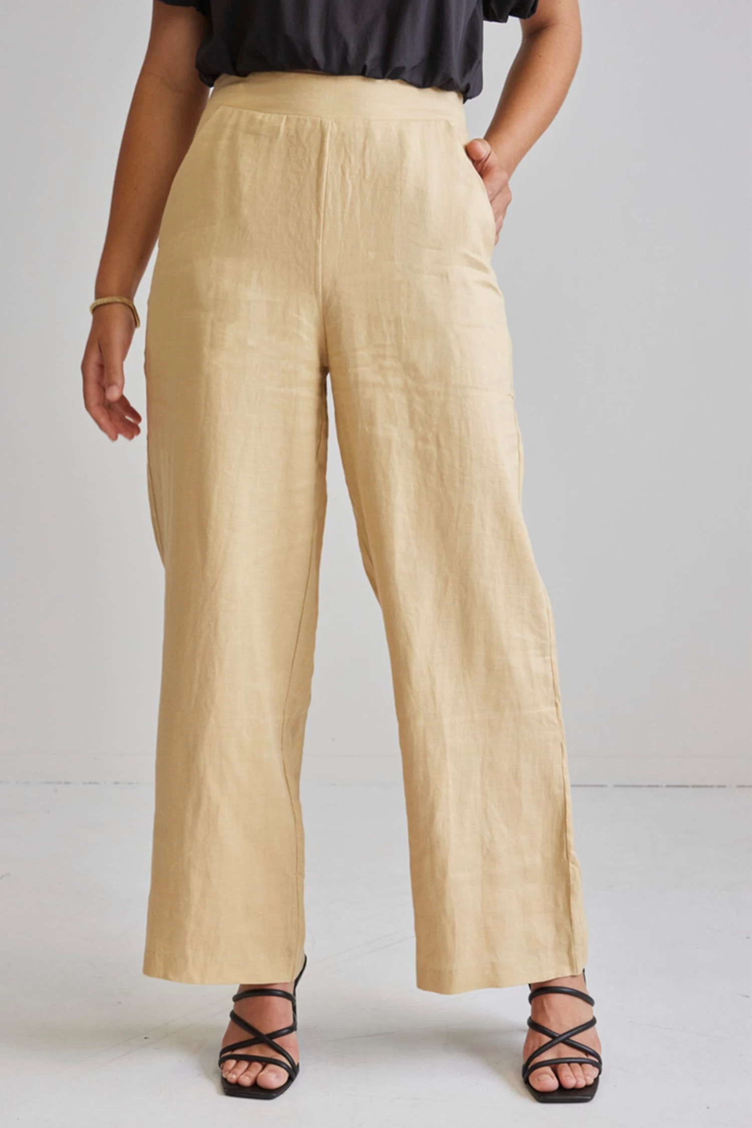 Freedom Dark Straw Flat Front Deep Waistband Wide Leg Linen Pant 4 Freedom Dark Straw Flat Front Deep Waistband Wide Leg Linen Pant - Image 2
