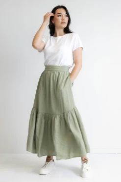 Hope Sage Linen Tiered Midi Skirt