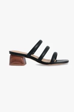 NUDE Juniper Black Square Toe Triple Strap Mid Heel Slide
