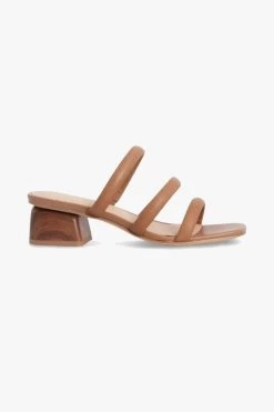 NUDE Juniper Tan Square Toe Triple Strap Mid Heel Slide
