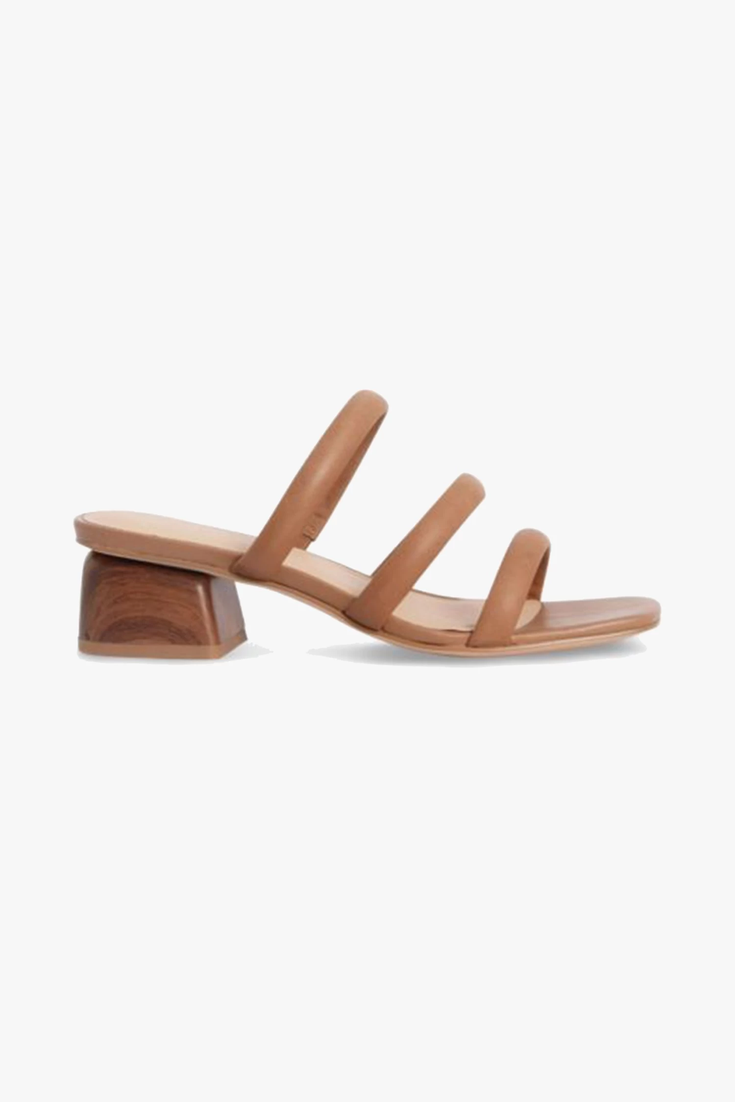NUDE Juniper Tan Square Toe Triple Strap Mid Heel Slide 3 NUDE Juniper Tan Square Toe Triple Strap Mid Heel Slide
