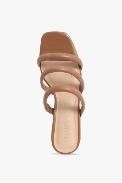 NUDE Juniper Tan Square Toe Triple Strap Mid Heel Slide 7 NUDE Juniper Tan Square Toe Triple Strap Mid Heel Slide -Fashion Clothing Store junipertanheels3