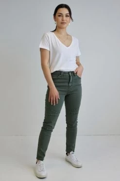 Lilian Washed Khaki Mid Rise Knee Panel Jean