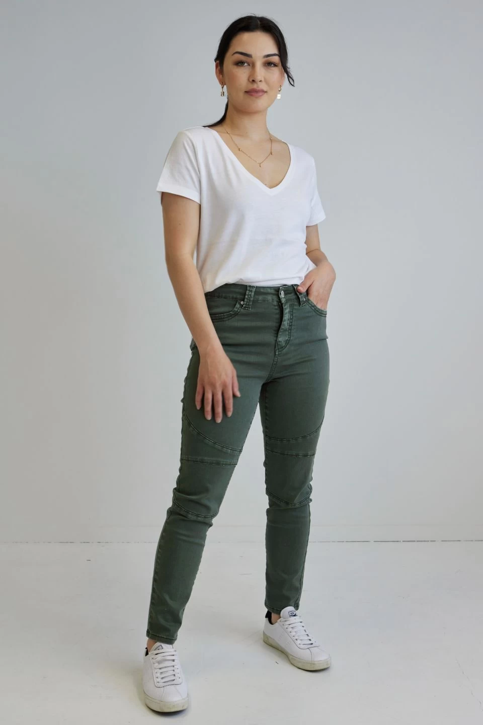 Lilian Washed Khaki Mid Rise Knee Panel Jean 3 Lilian Washed Khaki Mid Rise Knee Panel Jean