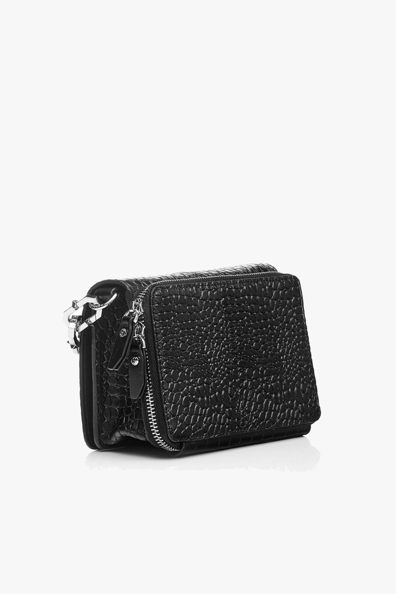 Little Trouble Matte Black Croc Shoulder Bag With Silver Chain Hardware 5 Little Trouble Matte Black Croc Shoulder Bag With Silver Chain Hardware - Image 3