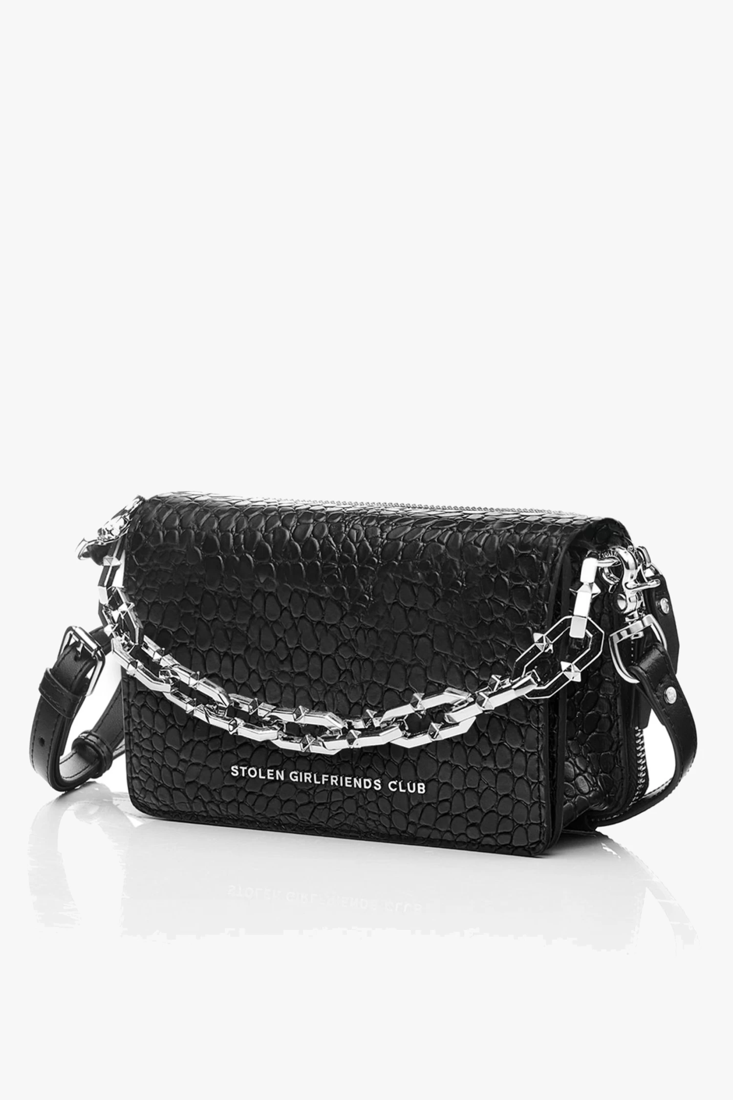 Little Trouble Matte Black Croc Shoulder Bag With Silver Chain Hardware 4 Little Trouble Matte Black Croc Shoulder Bag With Silver Chain Hardware - Image 2